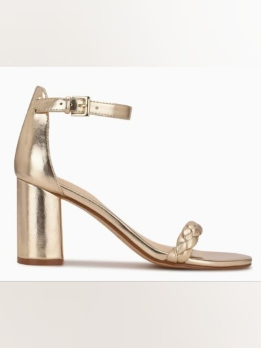 Nine West Saria Metallic Gold Braided Ankle-Strap Block Heel Sandal Size 9